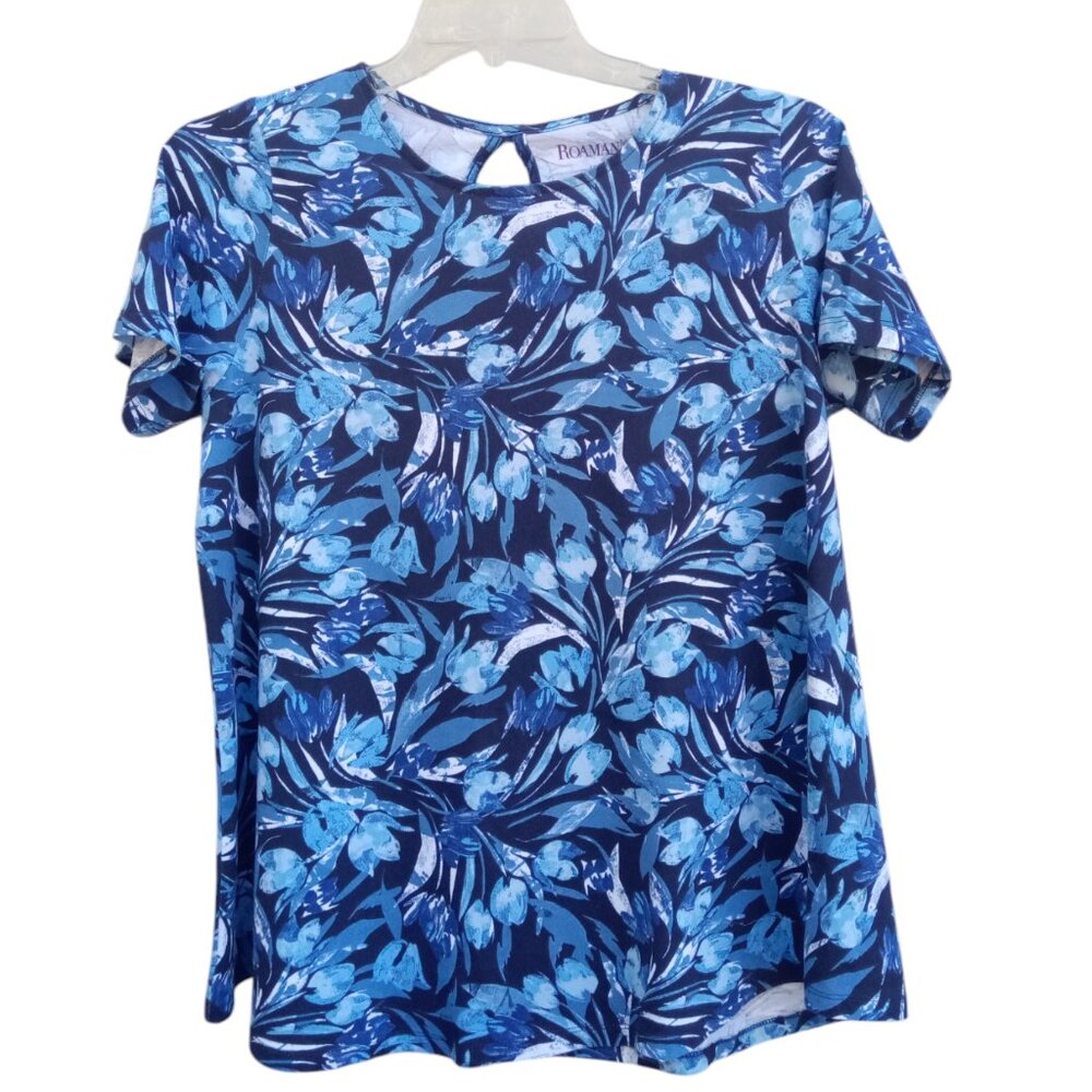 Roaman's blue floral flared knit top sz 14/16